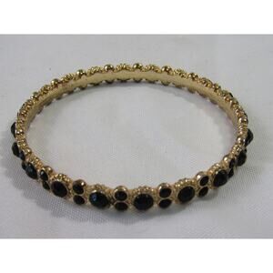 Gold‎ Tone Black Bead Wrist Bangle Bracelet 8 1/2" Minimal Neutral Oval Elegant
